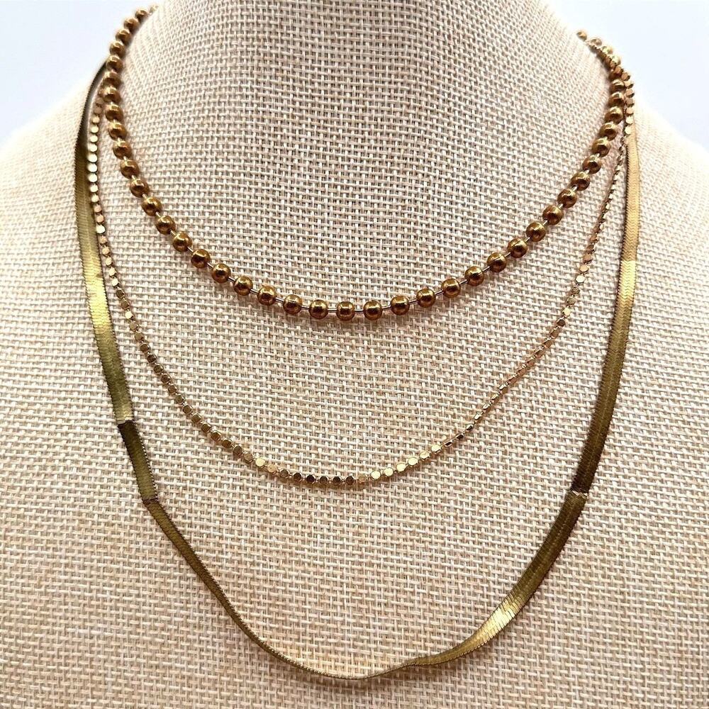 Vintage 80s Gold Tone Layered Necklace Snake Herringbone Bead Statement Jewelry